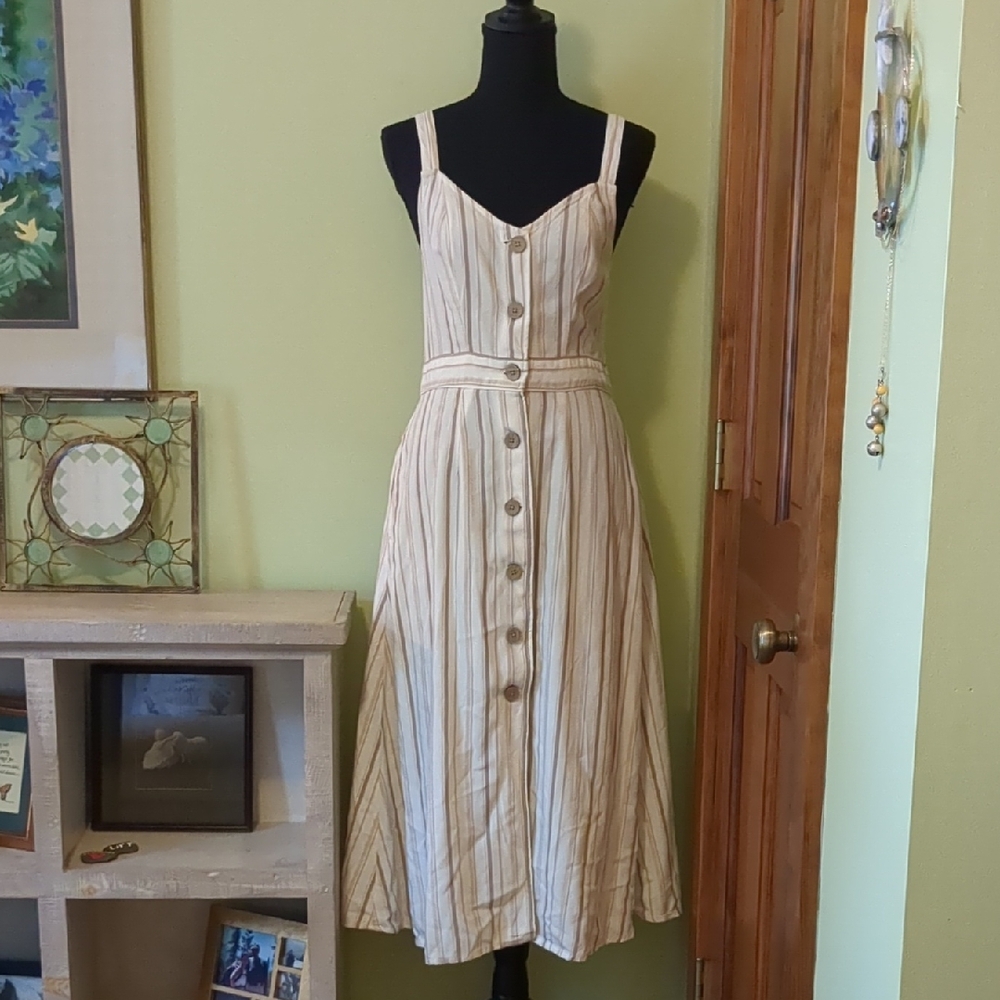 a.n.a. Linen Blend Striped Button-Down Midi Dress